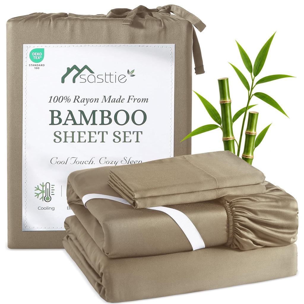 Taupe Silky-Soft Bamboo Sheets 4-Piece, 100% Rayon Made from Bamboo 300TC, Cooling Sheet for Hot Sleepers