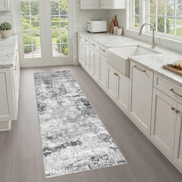 Runner Rug 3x8 Washable Non-Slip Kitchen Neutral Rug Black Gray