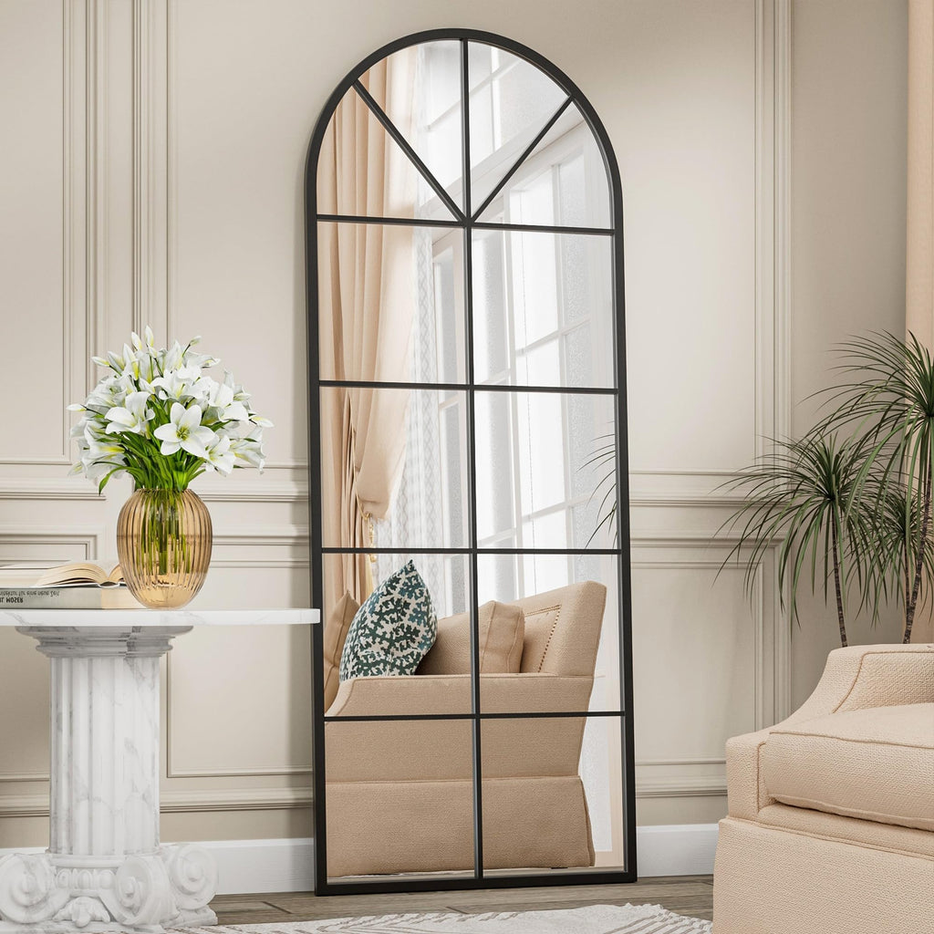 Arched Full Length Mirror, 65"x22" Windowpane Floor Mirror, Black