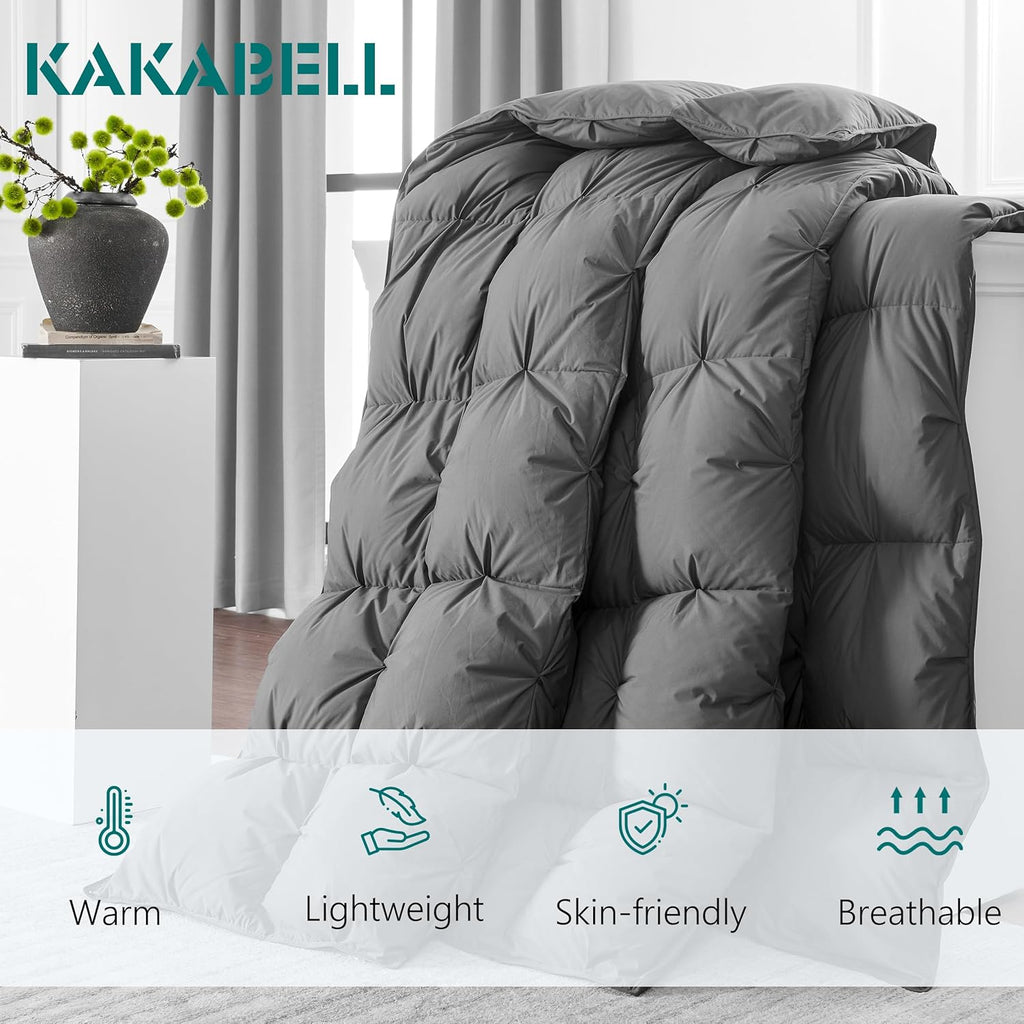 Pinch Pleat Goose Down Feathers Fiber Comforter Full/Queen All Season-Ultra Soft and Cozy Noiseless 