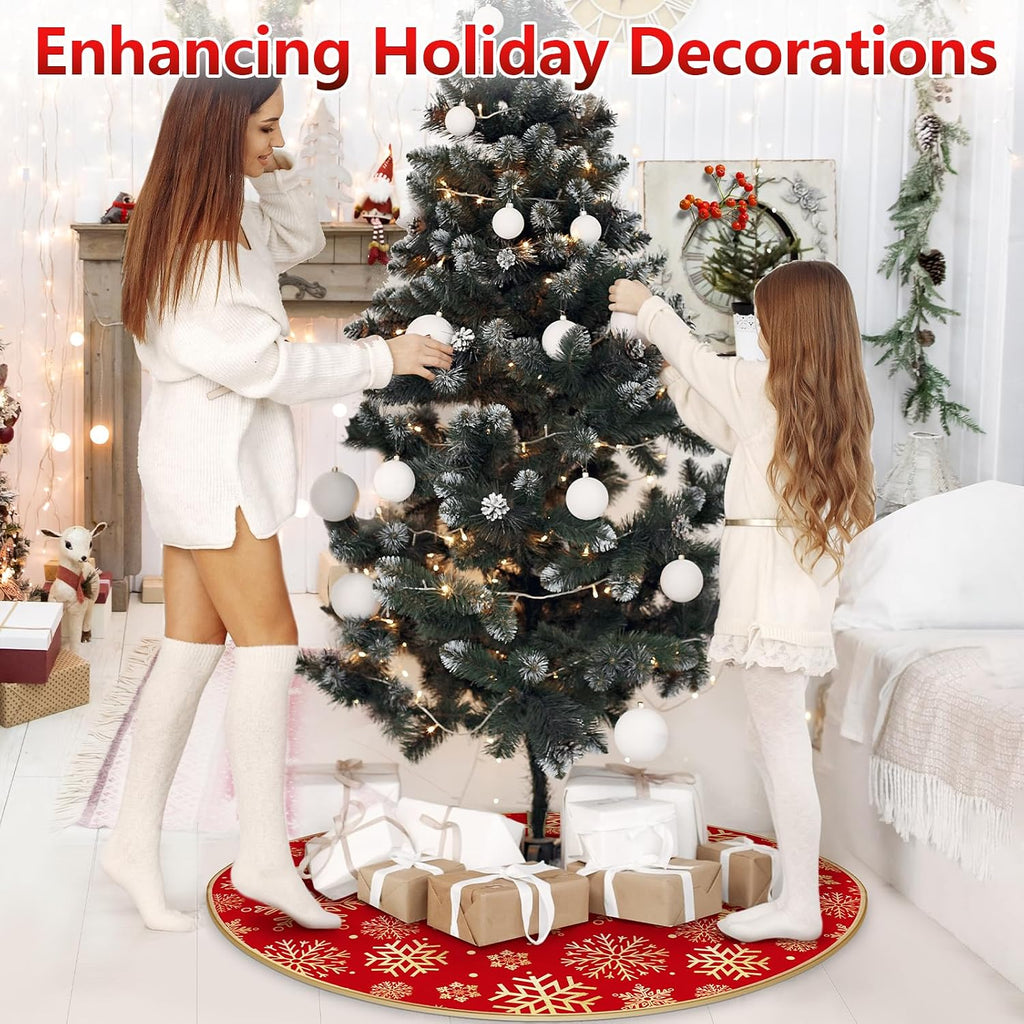 36 Inch Christmas Tree Skirt, Snowflake Round Red Tree Skirt