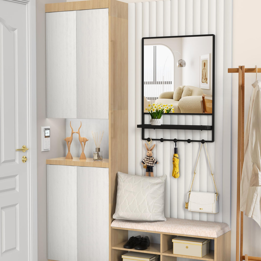 Wall Mirror with Shelf and Hooks,Bathroom Vanity Mirror with Hooks, 21 X 28 inch Metal Framed Decorative Mirror