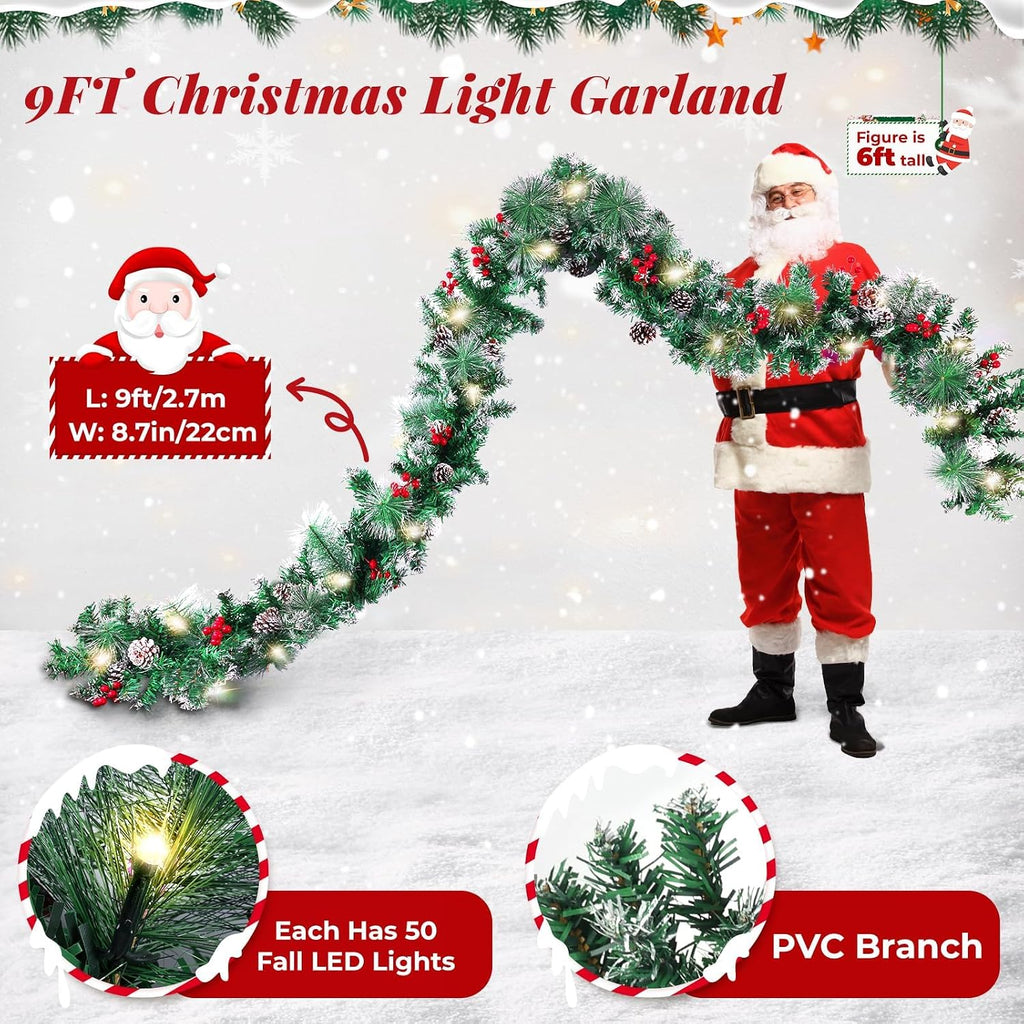With Lights, Timer Artificial Lighted Garland Indoor for Stairs, Fireplace, 50 Lights Green Garland, Christmas