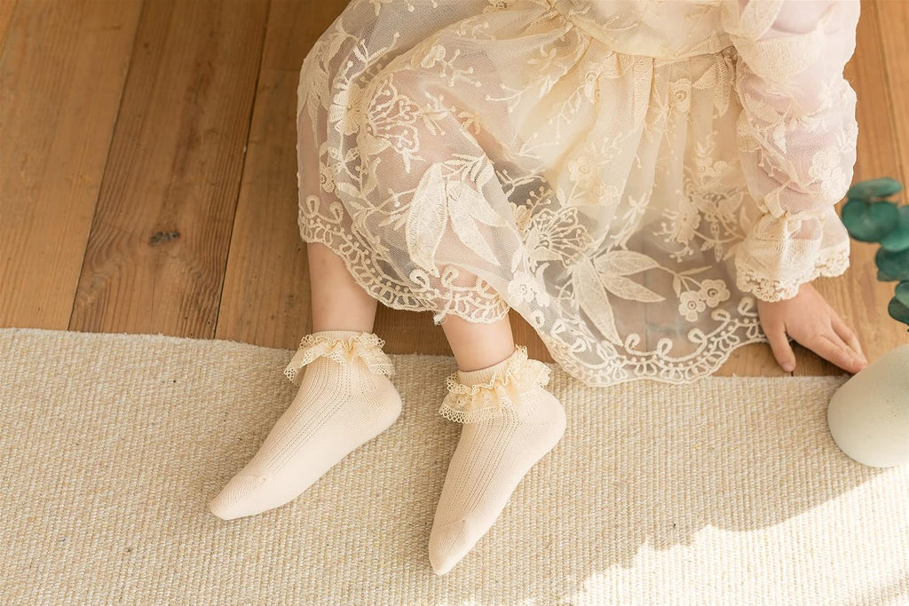 Toddler Girls Ruffle Lace Trim Cotton Socks Eyelet Frilly Dress Socks Pack