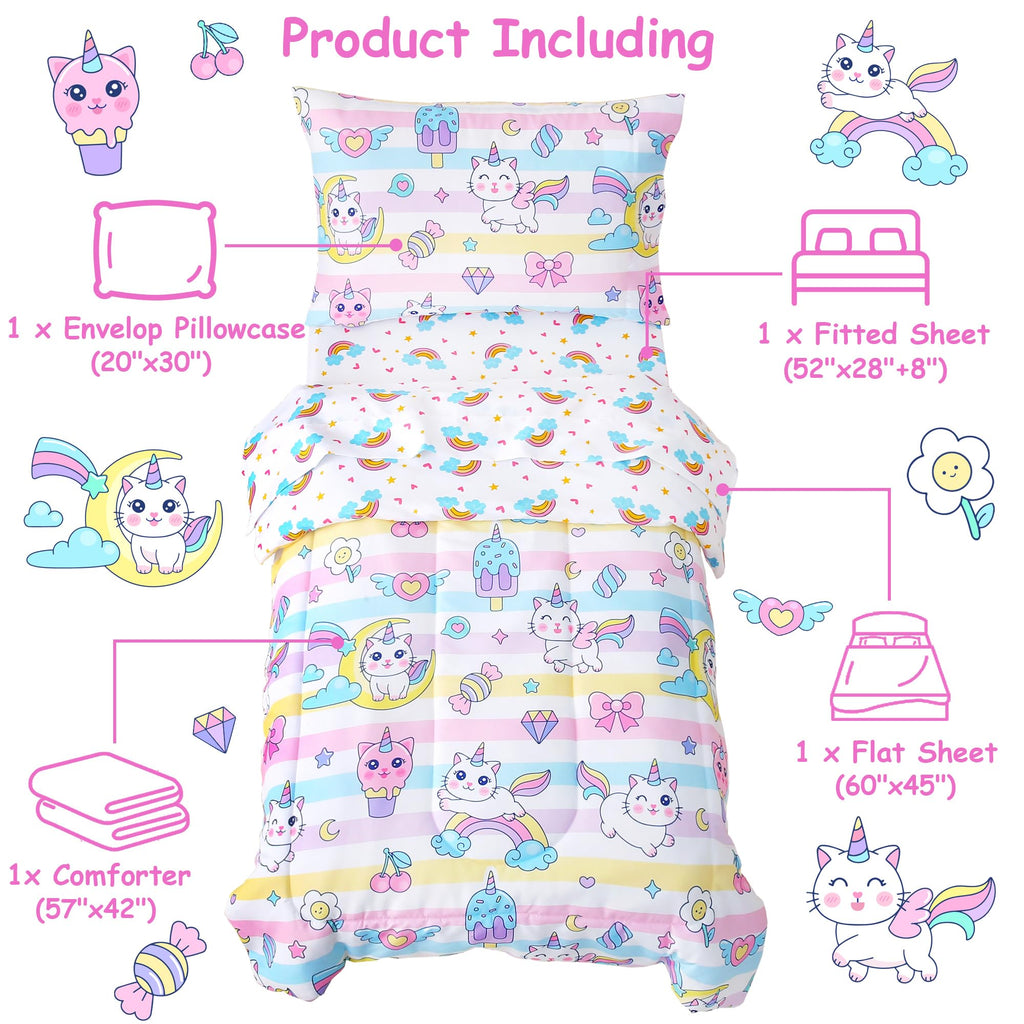 Toddler Bedding Sets for Girls,4 Pieces Cat Rainbow Printed