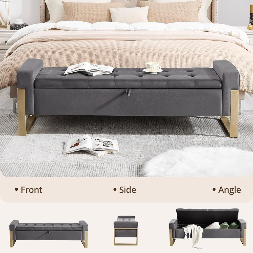 End of Bed Storage Bench, 67'' Benches Foot of Bed King Size, Upholstered Velvet Tufted Storage Ottoman Bench with