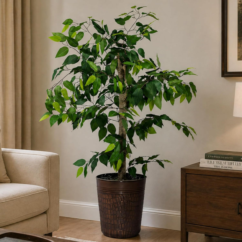 Artificial Tree 4ft Artificial Ficus Tree in Copper Metal Pot by - Faux Indoor Plant with Real Wood Trunk, Fully