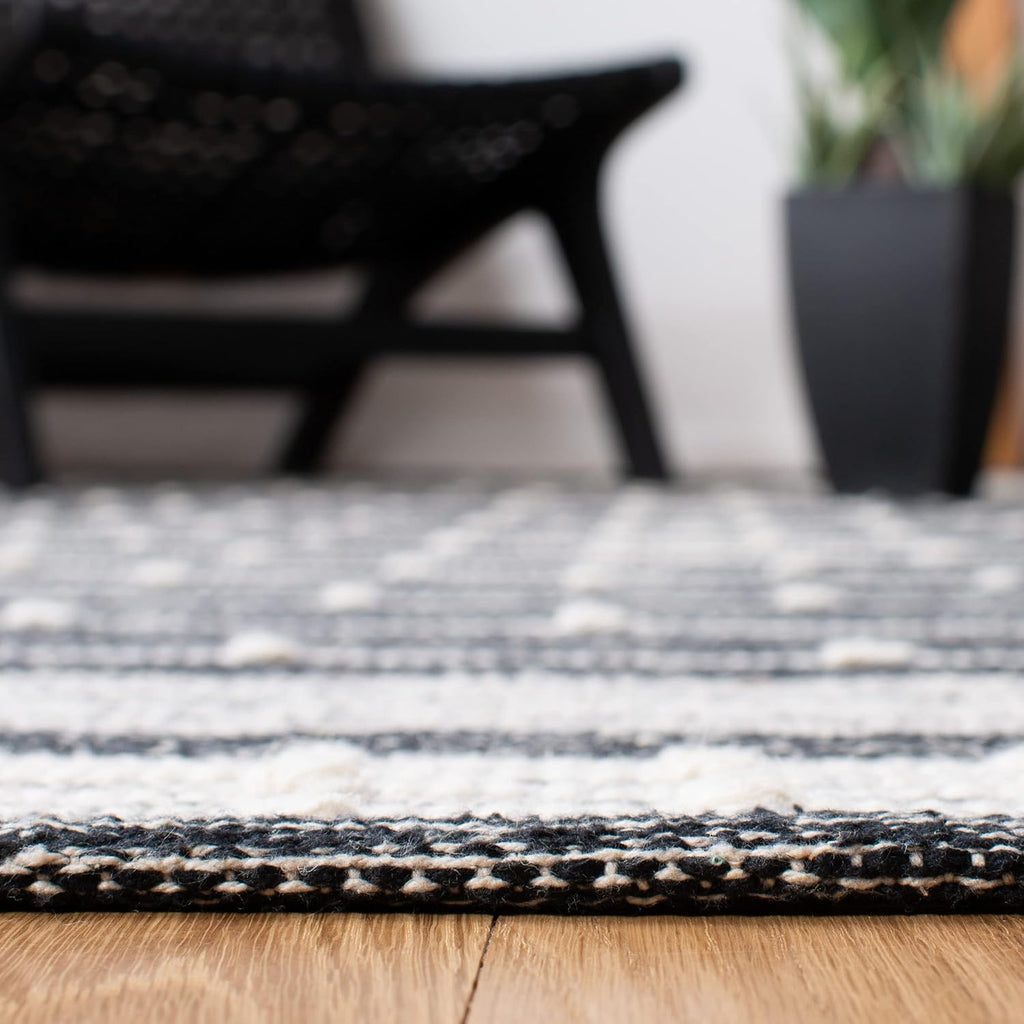 Striped Kilim Collection Area Rug - 7' Square, Black & Ivory, Handmade Stripe Cotton, Ideal for High Traffic Areas