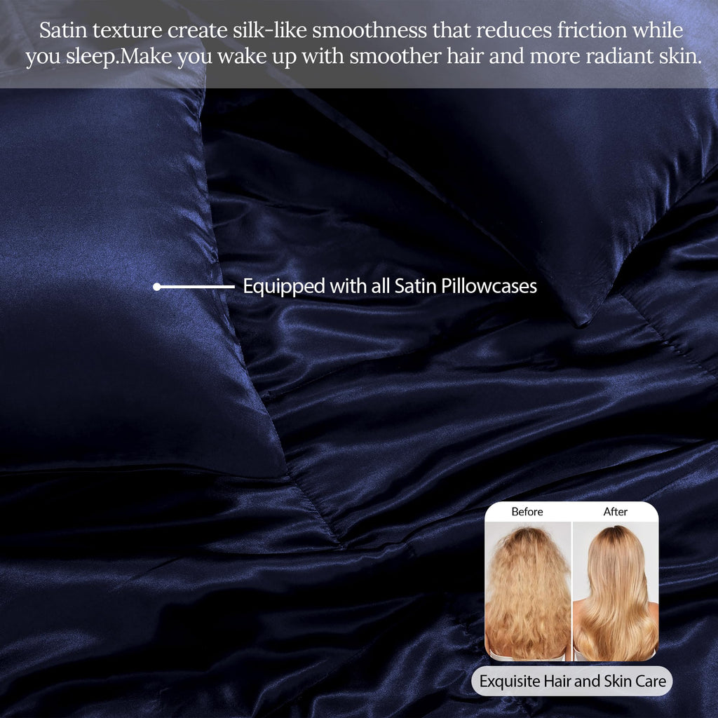 Reversible Satin Comforter Set for All Season, Navy