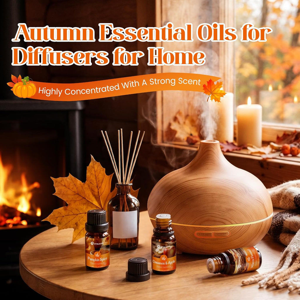 Fragrance Oil Autumn Set, Fall Essential Oils, Pumpkin Spice,Cinnamon & Apple,Fireplace, Autumn Wreath, Warm Flannel - Set of 6