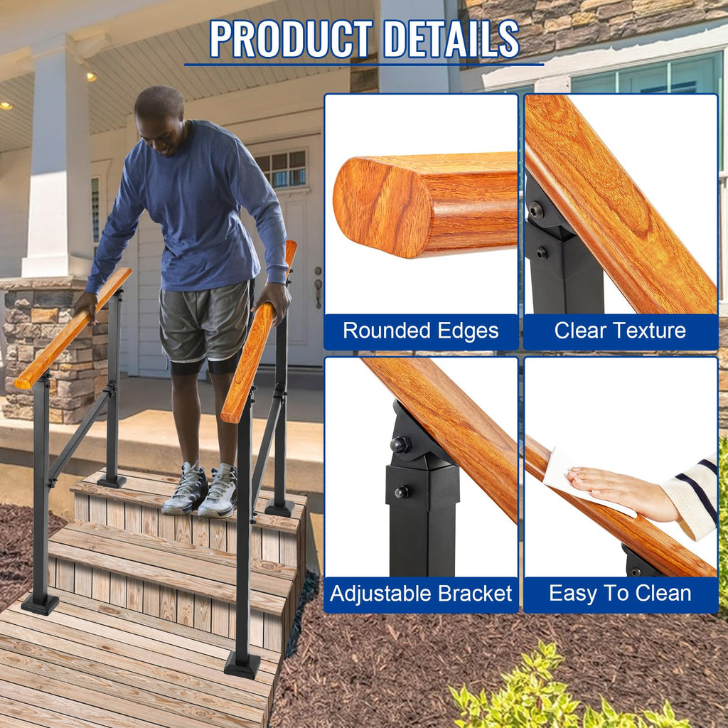 Metal Wood Grain Handrail for Elderly, 3 Step Hand Rails for Outdoor Steps