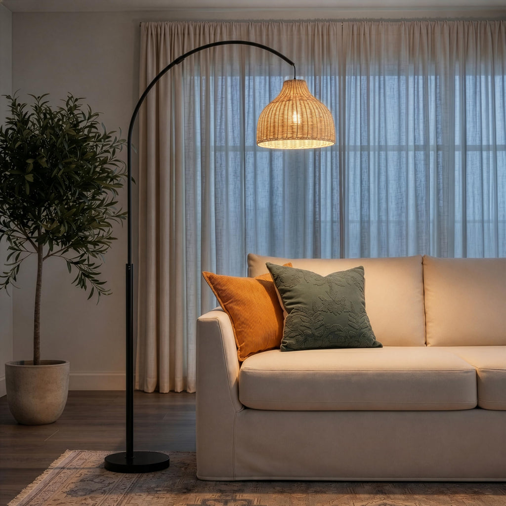 Lark Standing LED Floor Lamp - Modern Tall Corner Arc Lamp with Boho Hanging Rattan Shade - Bright Bedside Reading