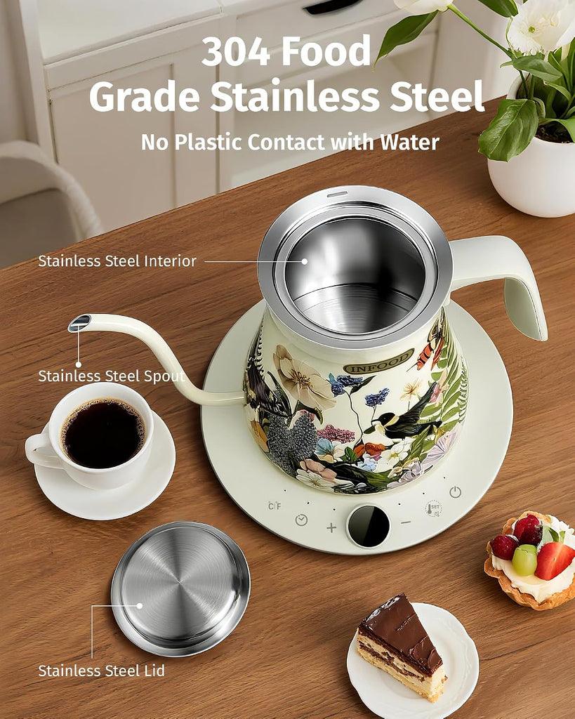 0.8L Gooseneck Electric Kettle, Precise Temperature Control for Pour Over Coffee & Tea, 1200W Fast Boiling Water