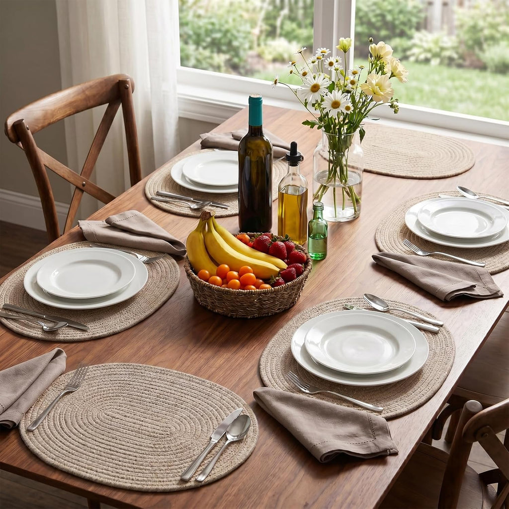 Oval Woven Cotton Placemats, Thick Braided Rope Table Mats, 17 x 13 Inches Large Non Slip Heat Resistant - Set of 6