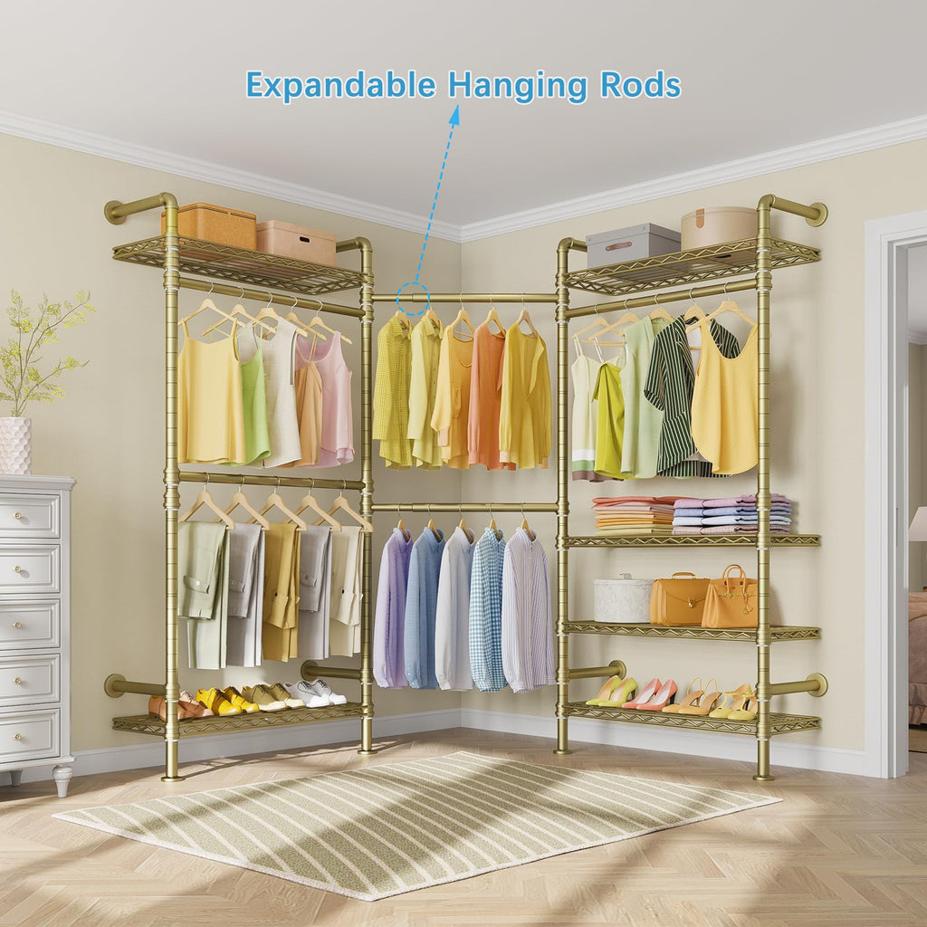 F3 Garment Rack Heavy Duty Clothes Rack for Hanging Clothes, Expandable Industrial Pipe Wall Mounted Clothing Rack