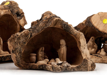 Christmas Nativity Set Indoor - Nativity Scene in Manger Carved Inside of a Solid Piece of Olive Wood Branch - Wooden