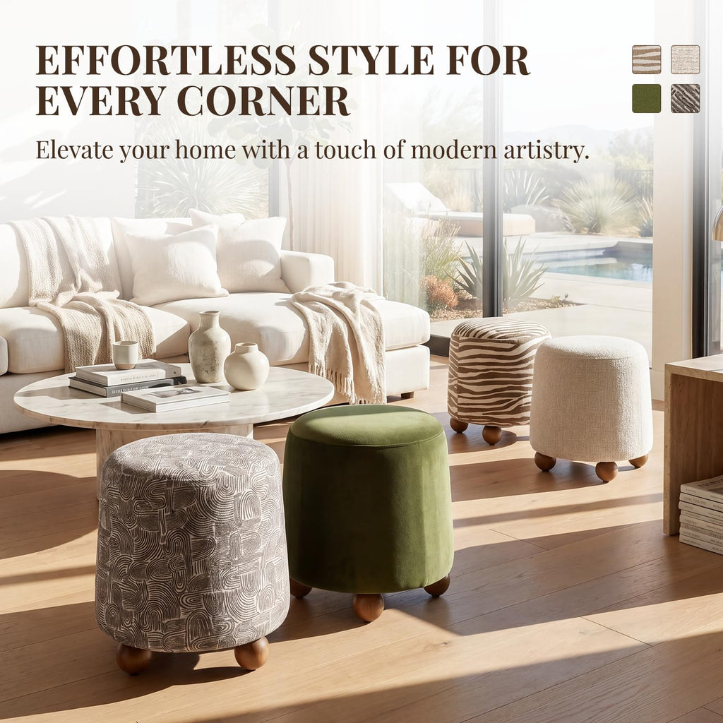Round Ottoman Linen Foot Stool with Rubberwood Legs