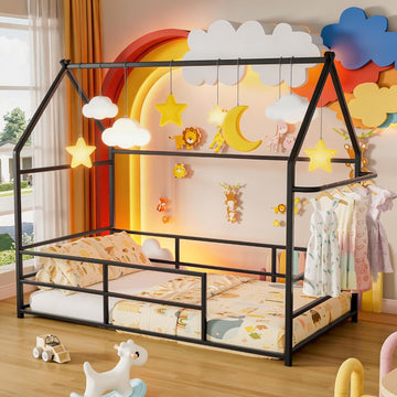 Montessori Bed Metal with Guardrails & Built-in Clothing Rack, No Box Spring Required, Black