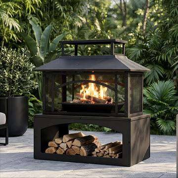 36" Outdoor Fire Pit with Wood Storage, Steel Wood Burning Fireplace with Mesh Spark Screen & Poker, Patio Heater