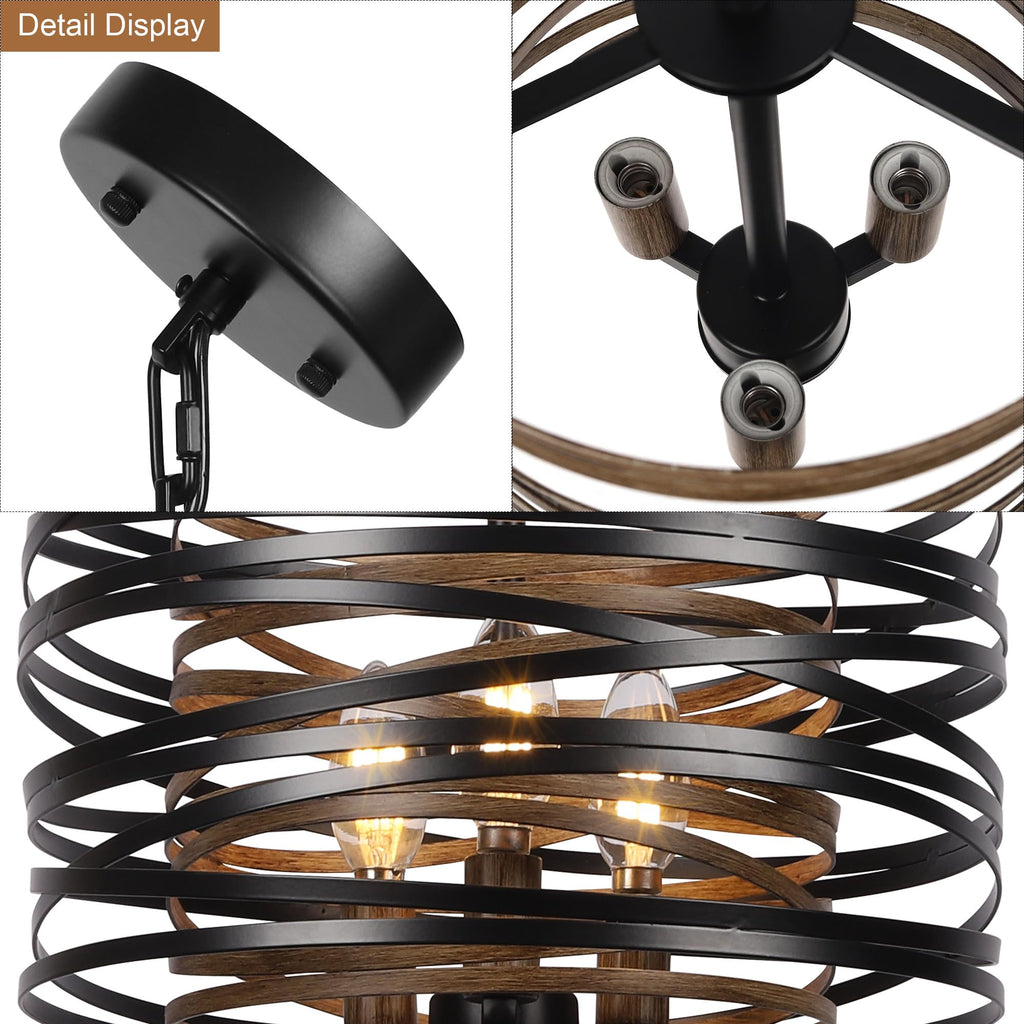 3-Light Dining Room Chandelier, 12.6" Rustic Black Drum Chandeliers, Wood Grain and Vintage Light Fixture Entryway