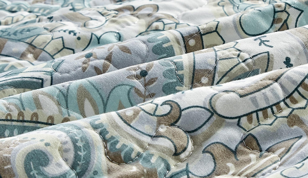 3-Piece Fine printed Oversize (100" X 95") Quilt Set Reversible Bedspread Coverlet QUEEN SIZE Bed Cover (Pale Blue