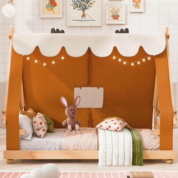 Twin Size House Bed with Tent & Light, Wooden Full Montessori Floor Beds for Kids with Roof, DIY Playhouse, No Box