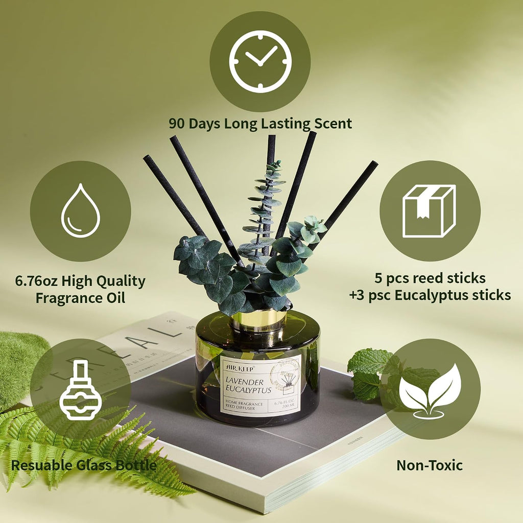 Reed Diffuser Set with 6.76 fl oz Lavender Eucalyptus Scent Essential Oils and 3 Leaves & 8 Diffuser Sticks,Bathroom