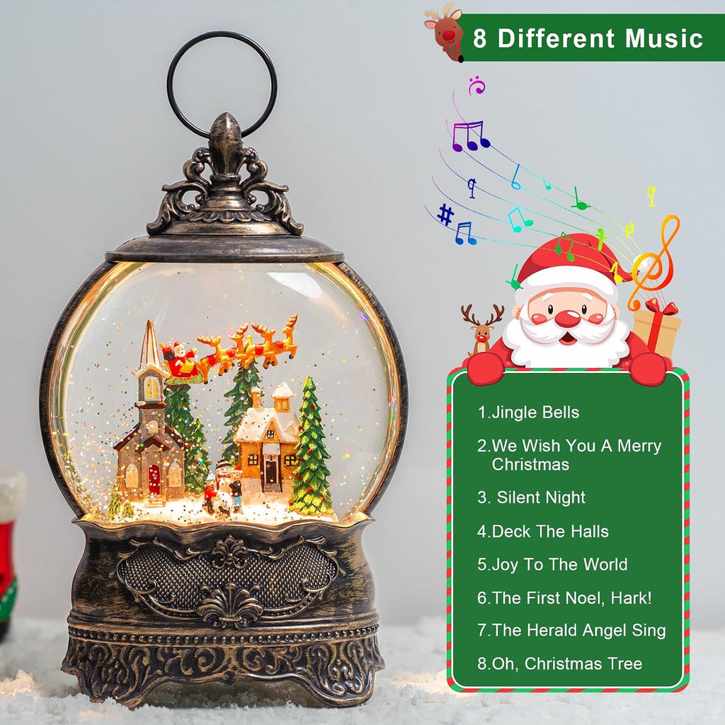 Christmas Snow Globes Lantern Snow Globe with Music Water Lantern Santa Flying Scene Elk Lighted Swirling Water