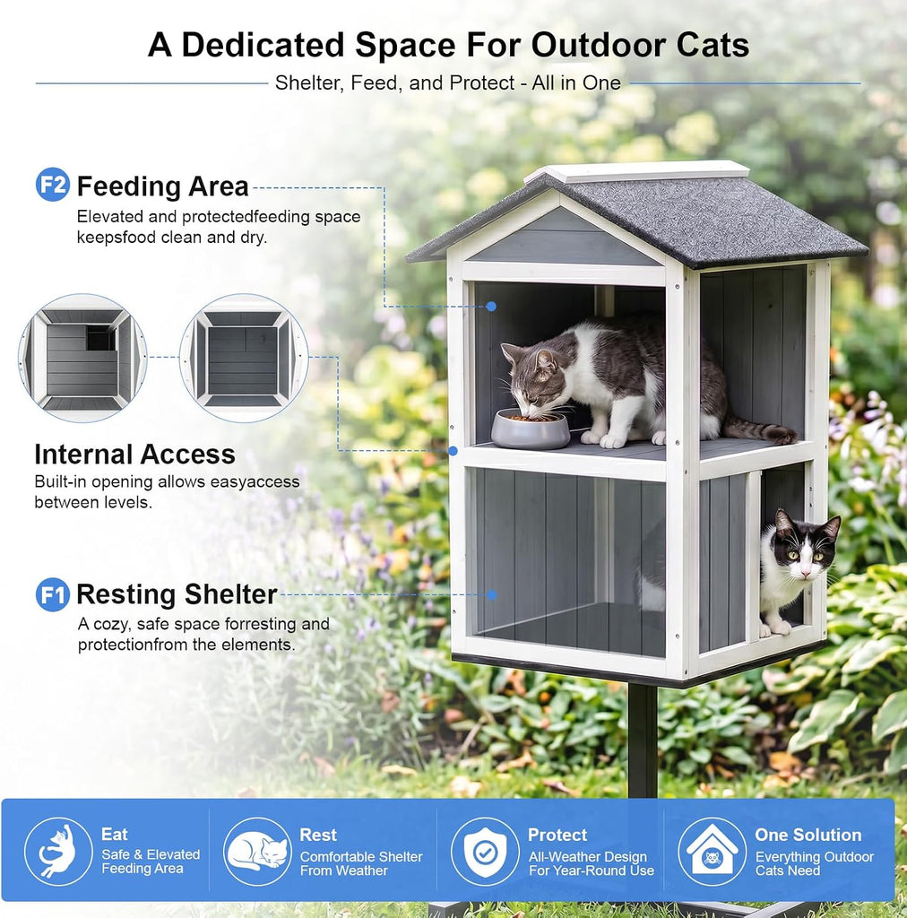 2 Story Outdoor Cat Feeding Station & Shelter, Weatherproof Elevated Feral Cat House with Steel Stand, Feeding