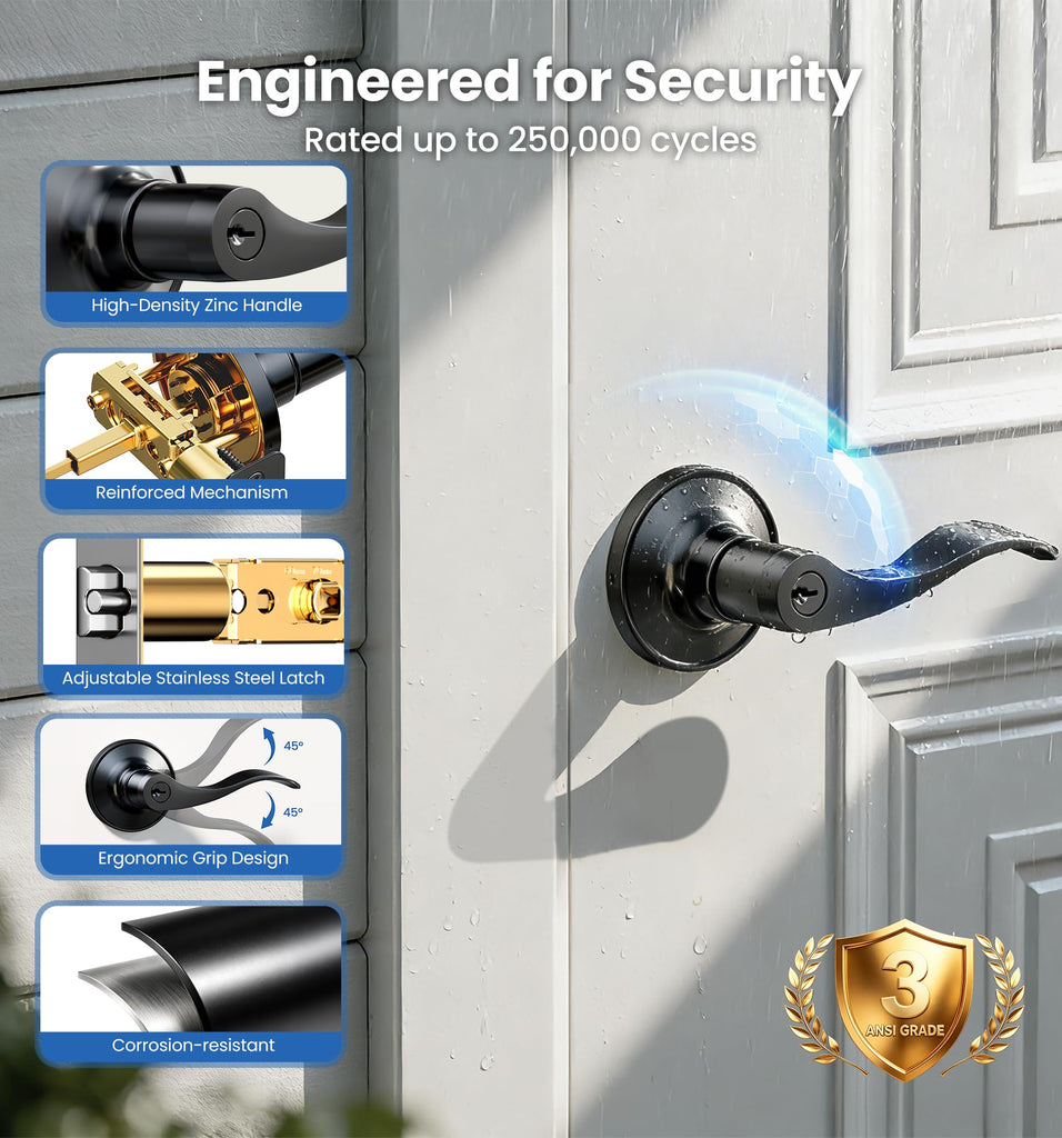 Keyed Entry Door Lever, Door Handle with Lock and Keys, Matte Black