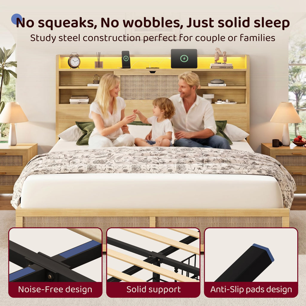 King Size Rattan Bed Frame with 4 Storage Drawers and 51.3" Tall Hidden Storage Headboard Wooden Platform Bed Frame