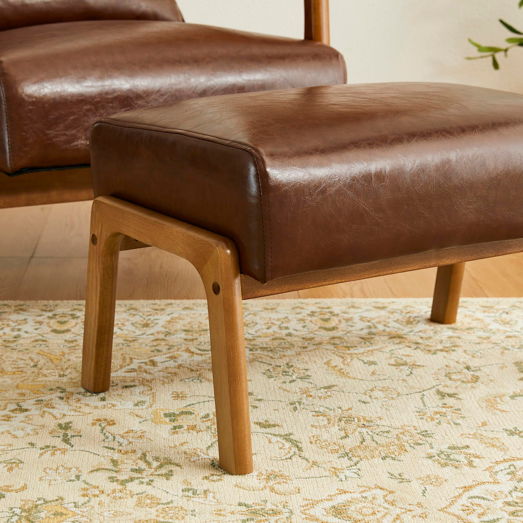 Rectangle Ottoman Bench, Modern Coffee Leatherette Footstool with Walnut Rubberwood Legs