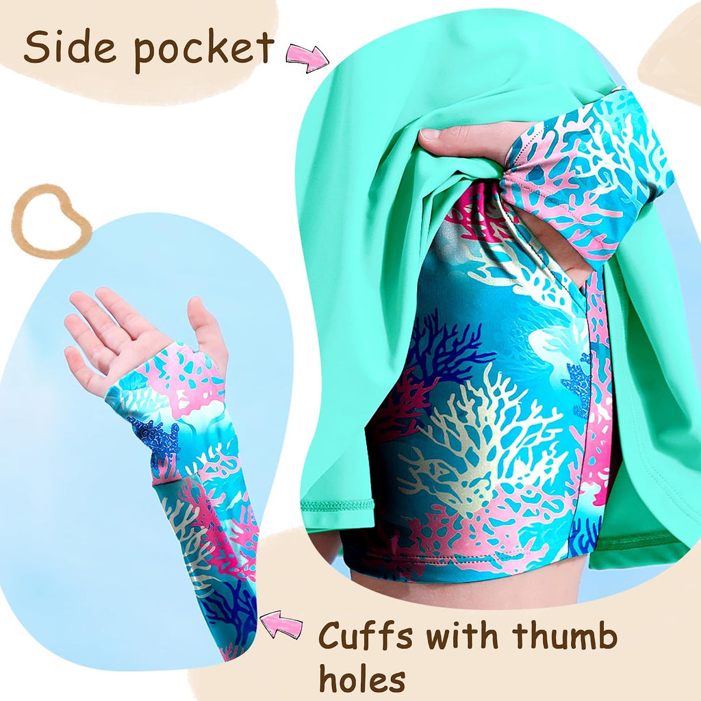 Girls Long Sleeve Swimsuit Two Piece Rash Guard Dress with Swim Shorts Front Zip for Kids Tween Teens UPF 50+