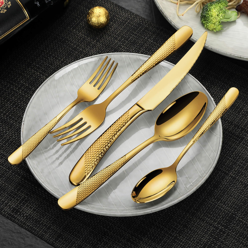 20-Piece Hammered Gold Silverware Set for 4,18/10 Stainless Steel Flatware Set with Serrated Forged Knives,Heavy Duty