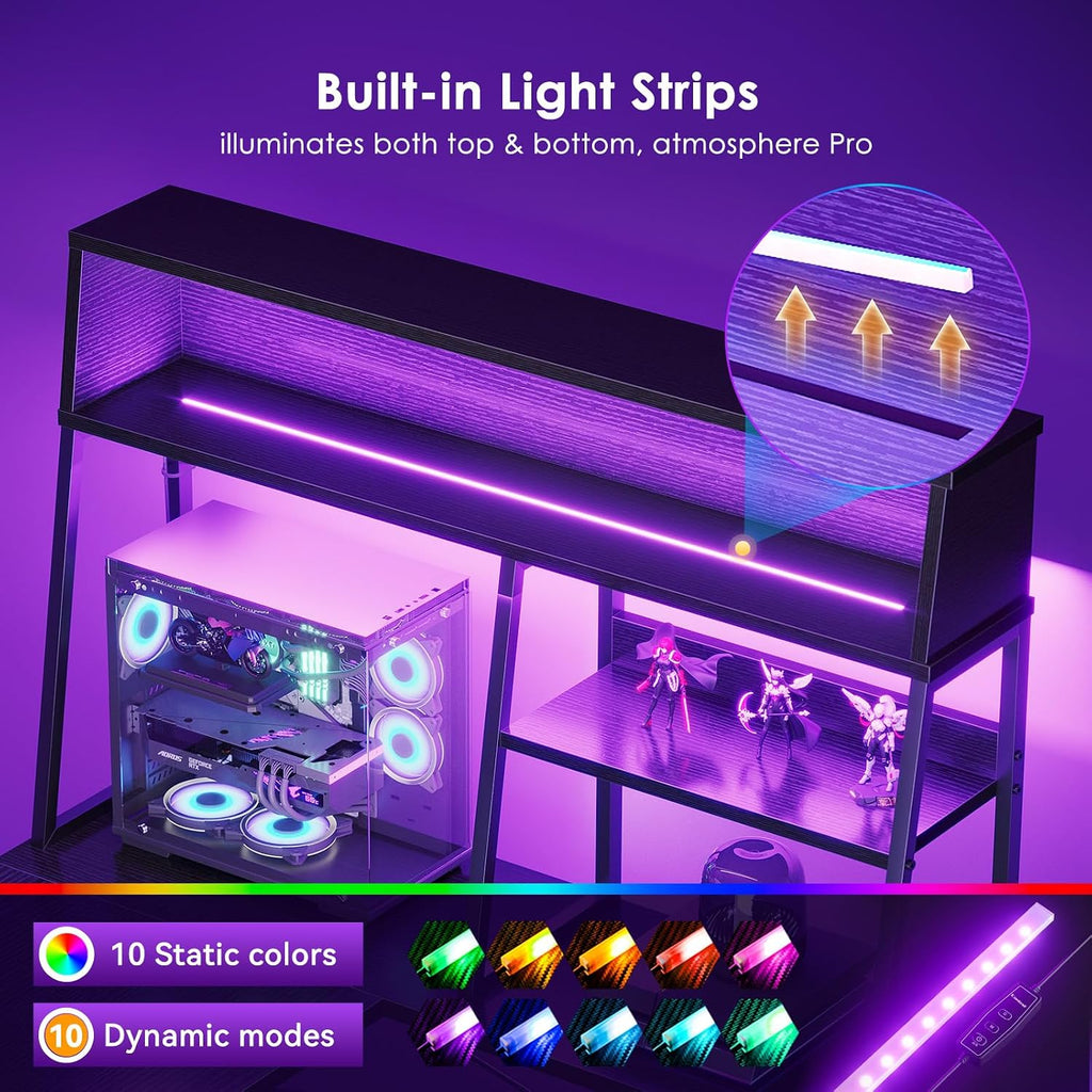 51 Inch L Shaped Gaming Desk with Display Shelves, LED Lights, Black | PC Tower Display Shelf, Display Hutch, Hanging