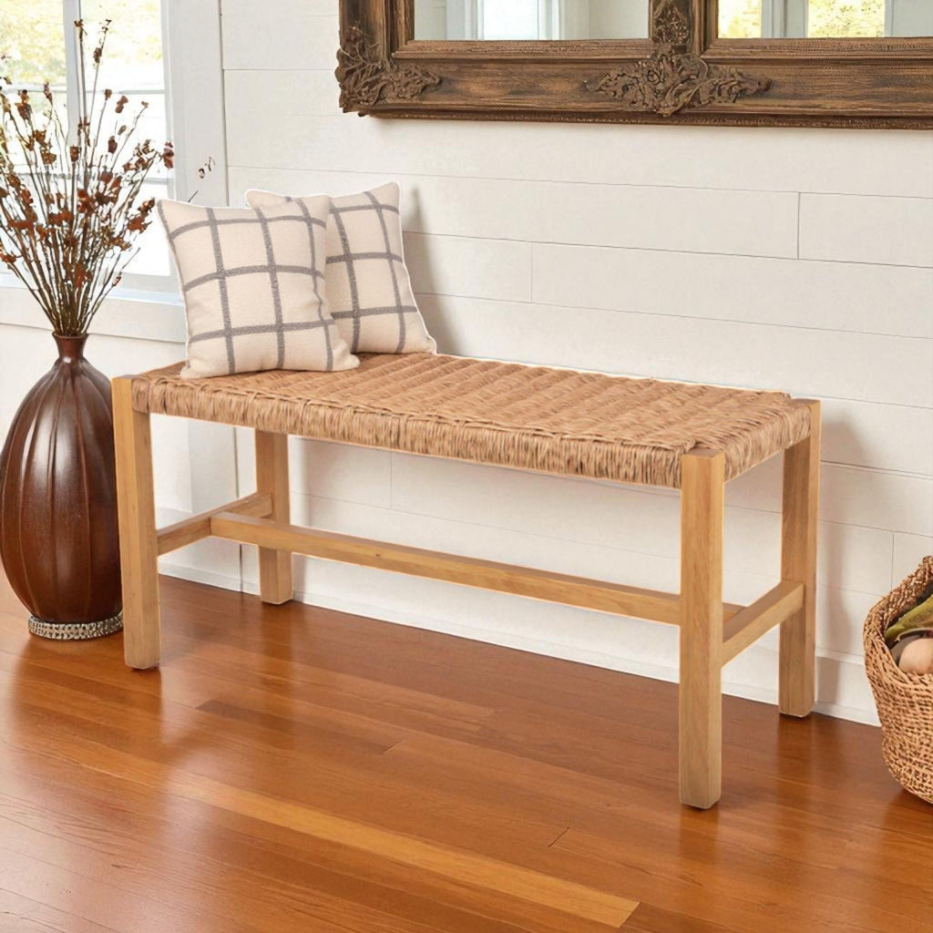 Newport Solid Wood Entryway Bench with Woven Rope Seat, Light