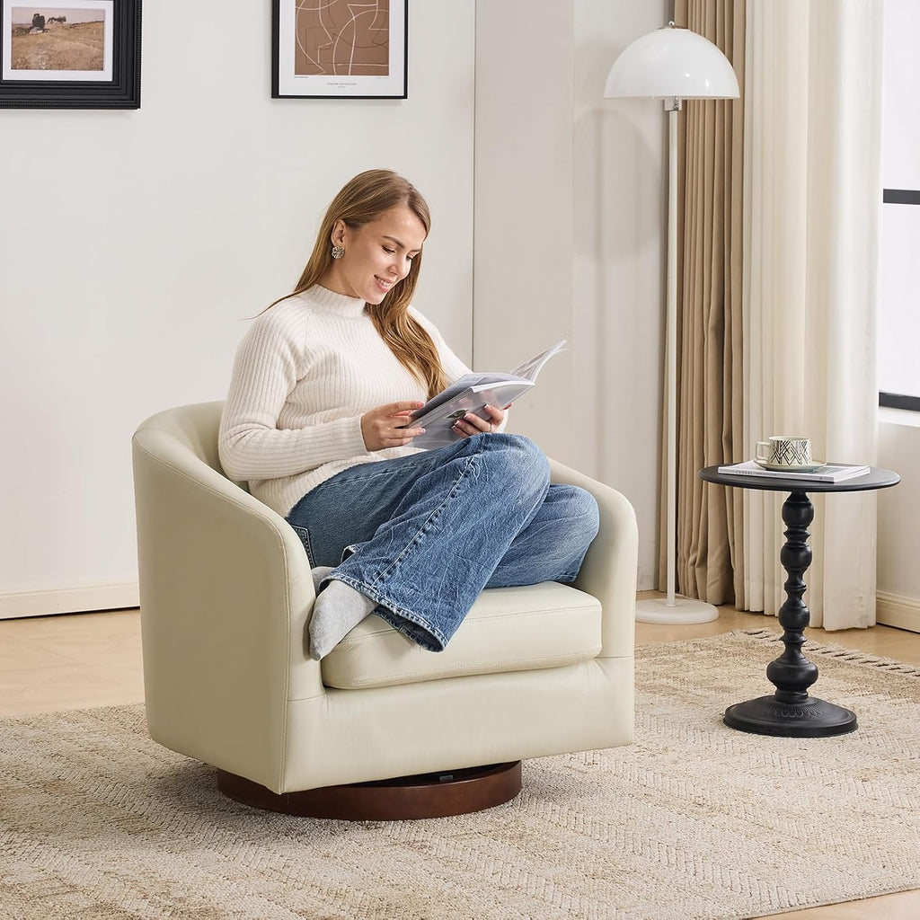 Genuine Leather Swivel Accent Chair, Barrel Chair, Soft Greige