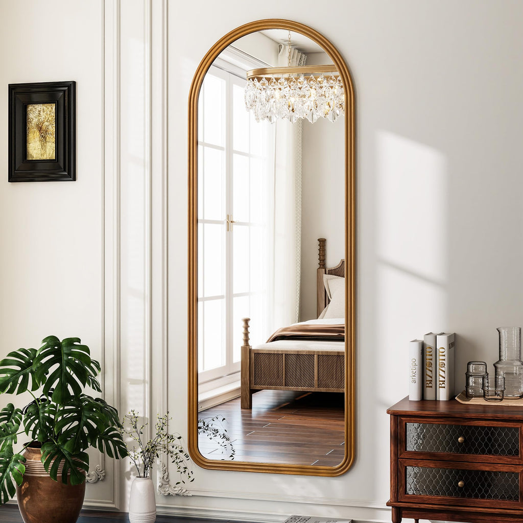 24x65 Inch Wood Arched Full Length Floor Mirror, Natural Wood