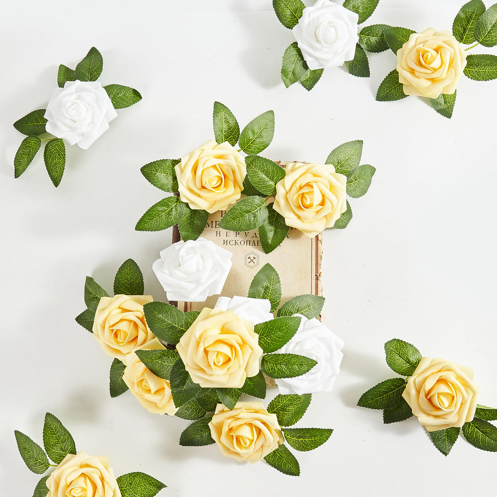 Artificial Flowers, 50pcs Yellow and White Artificial Rose for DIY