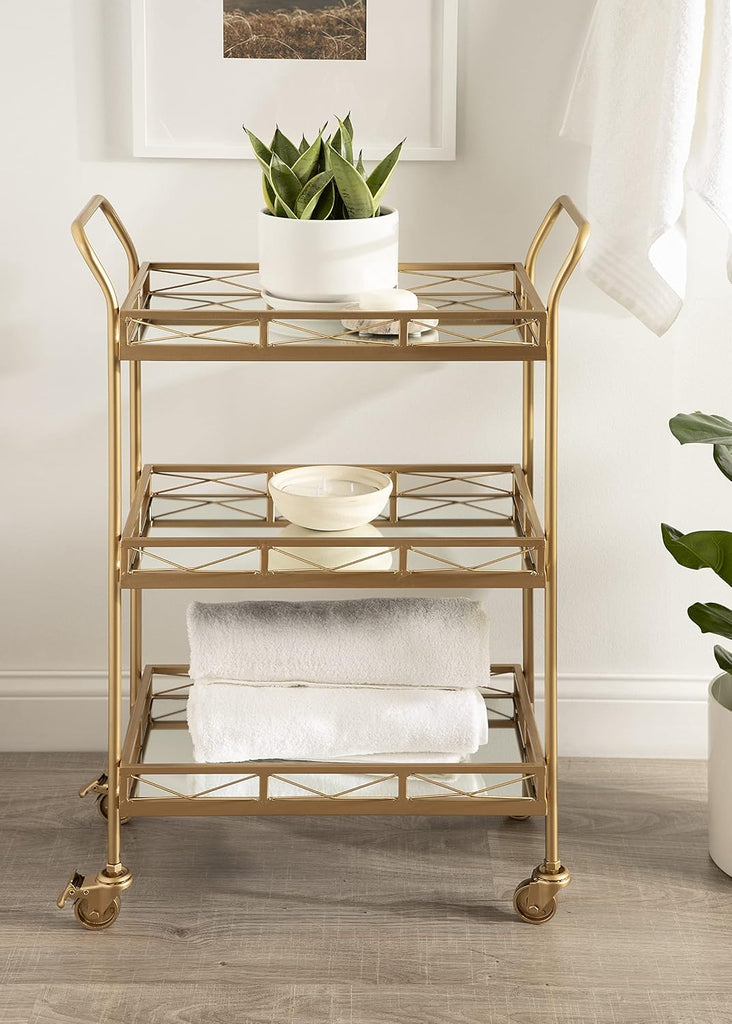 Ketia Glam Metal Bar Cart; 23 x 13 x 34; Gold; Glamorous Three Tier Gold Bar Cart for Display and Storage