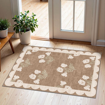 Front Door Mat Outside Entrance - 2x3 Floral Non-Slip Washable Doormat Indoor Outdoor Mat Tan Neutral Farmhouse