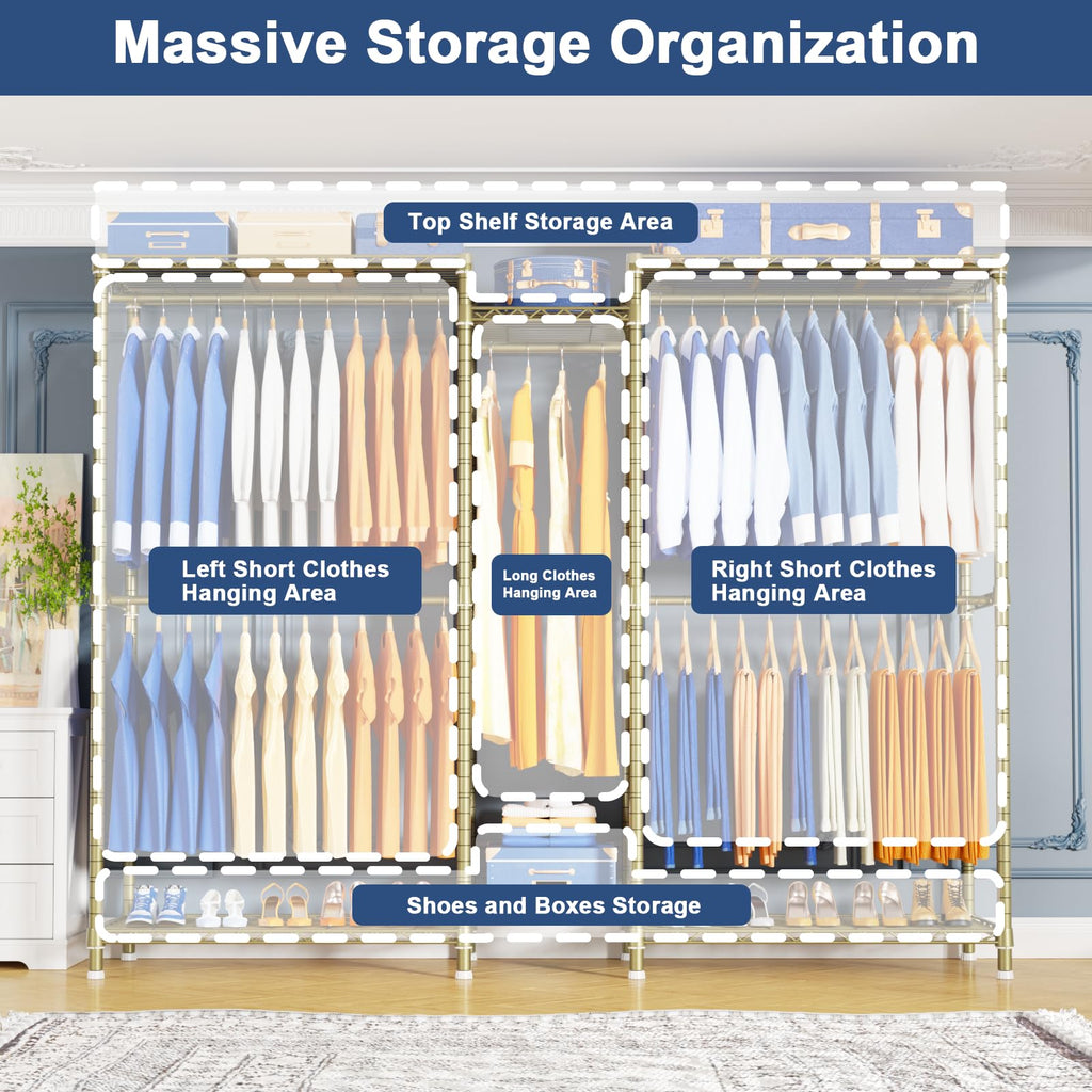 E12 Pro Clothes Rack, Heavy Duty Freestanding Garment Rack with Shelves, Metal Clothing Closet Storage System for