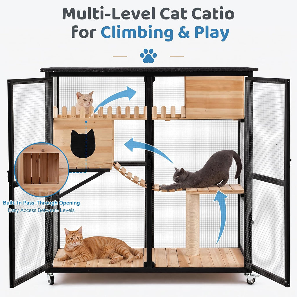 Catio Outdoor Cat Enclosure, 4-Level Wooden Cat Enclosure with Wheels