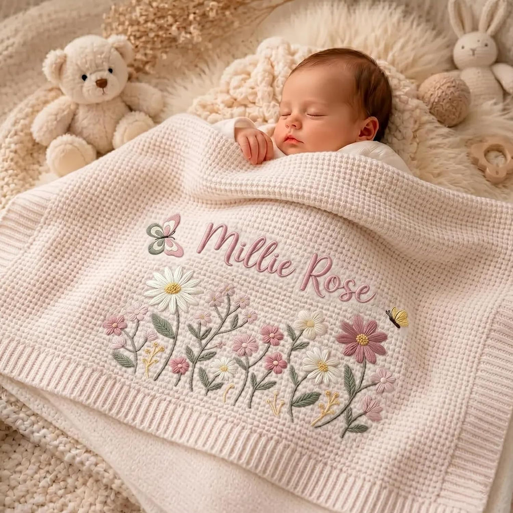 Personalized Baby Blanket Embroidered with Name, Custom Knit Baby Blanket for Girls Boys, Newborn Baby Gift, Gift