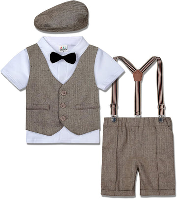 5pcs Toddler Baby Boys Suit Set -, Gentleman Suit Shirt & Shorts & Vest & Hat & Bow Tie