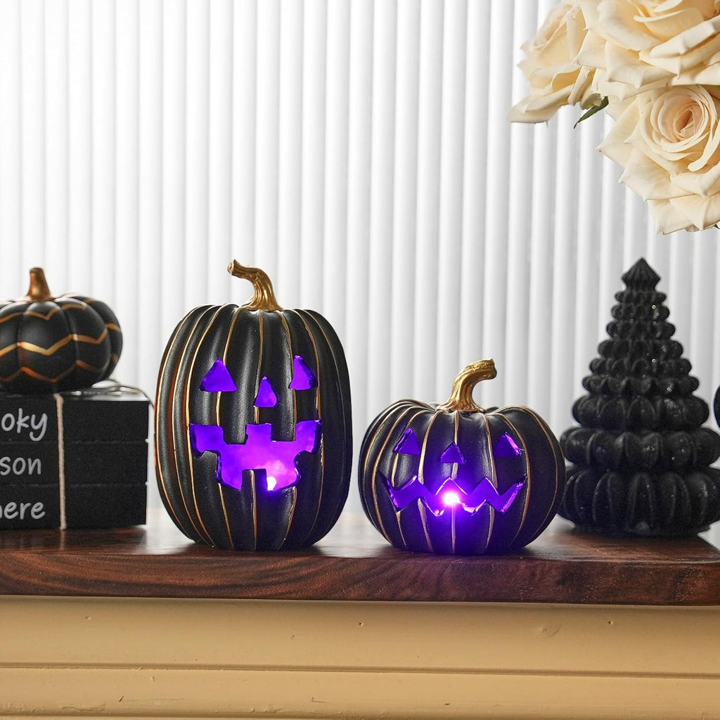 Light Up Black Jack O Lantern Pumpkins Halloween Decor - Set of 2