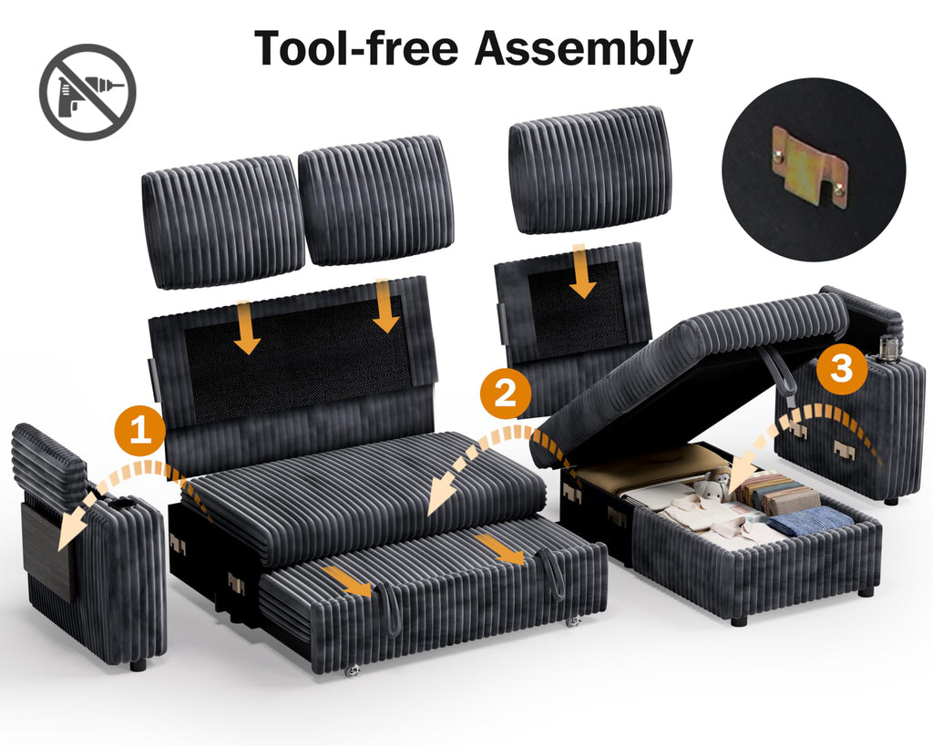 86" Modular Sectional Sleeper Sofa with Pull Out Bed, 3 Seat Plush Corduroy L Shaped Couch with Storage Chaise|USB