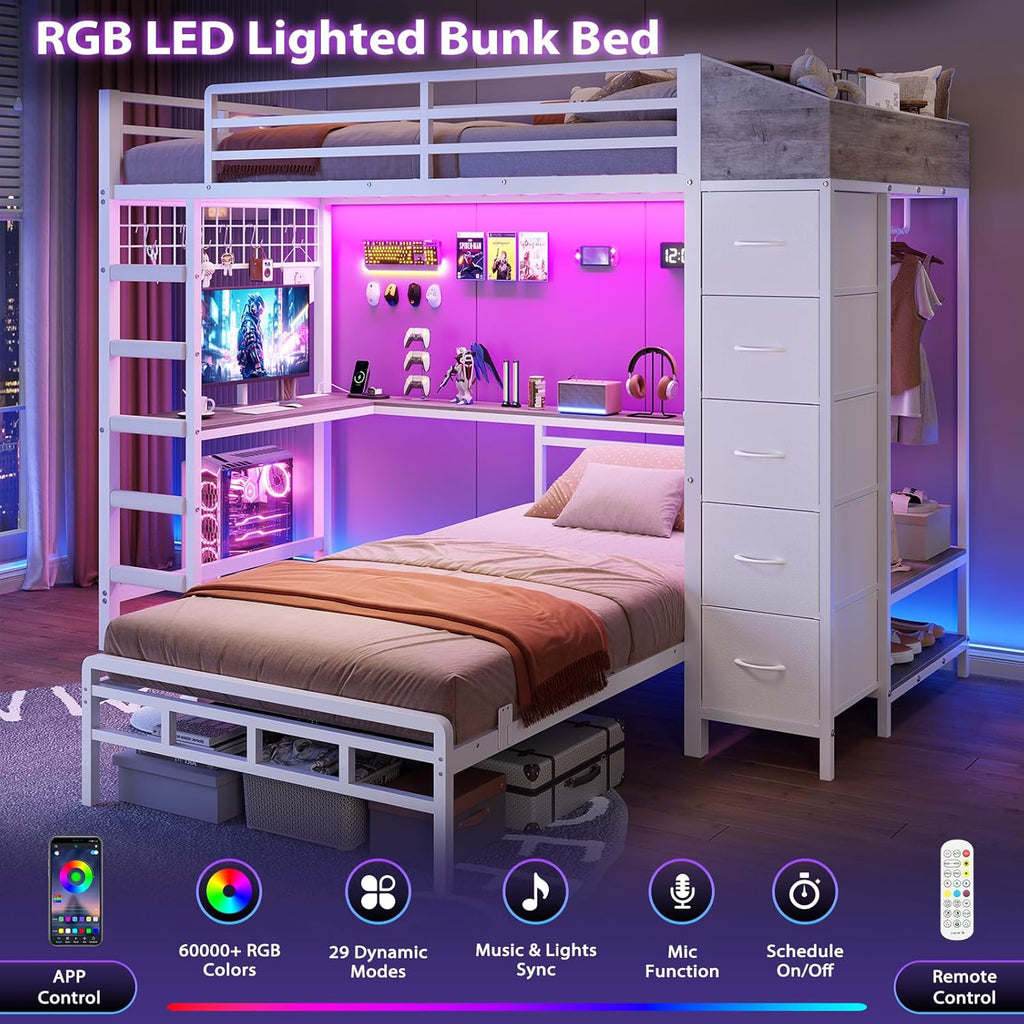 Bunk Bed Twin Over Twin with Hall Tree, Charging Station and LED Lights, L-Shaped Bunk Bed with Desk