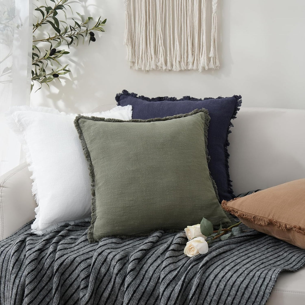 Set of 2 Decorative Linen Fringe Throw Pillow Covers Cozy Boho Farmhouse Cushion Cover with Tassels Soft Accent