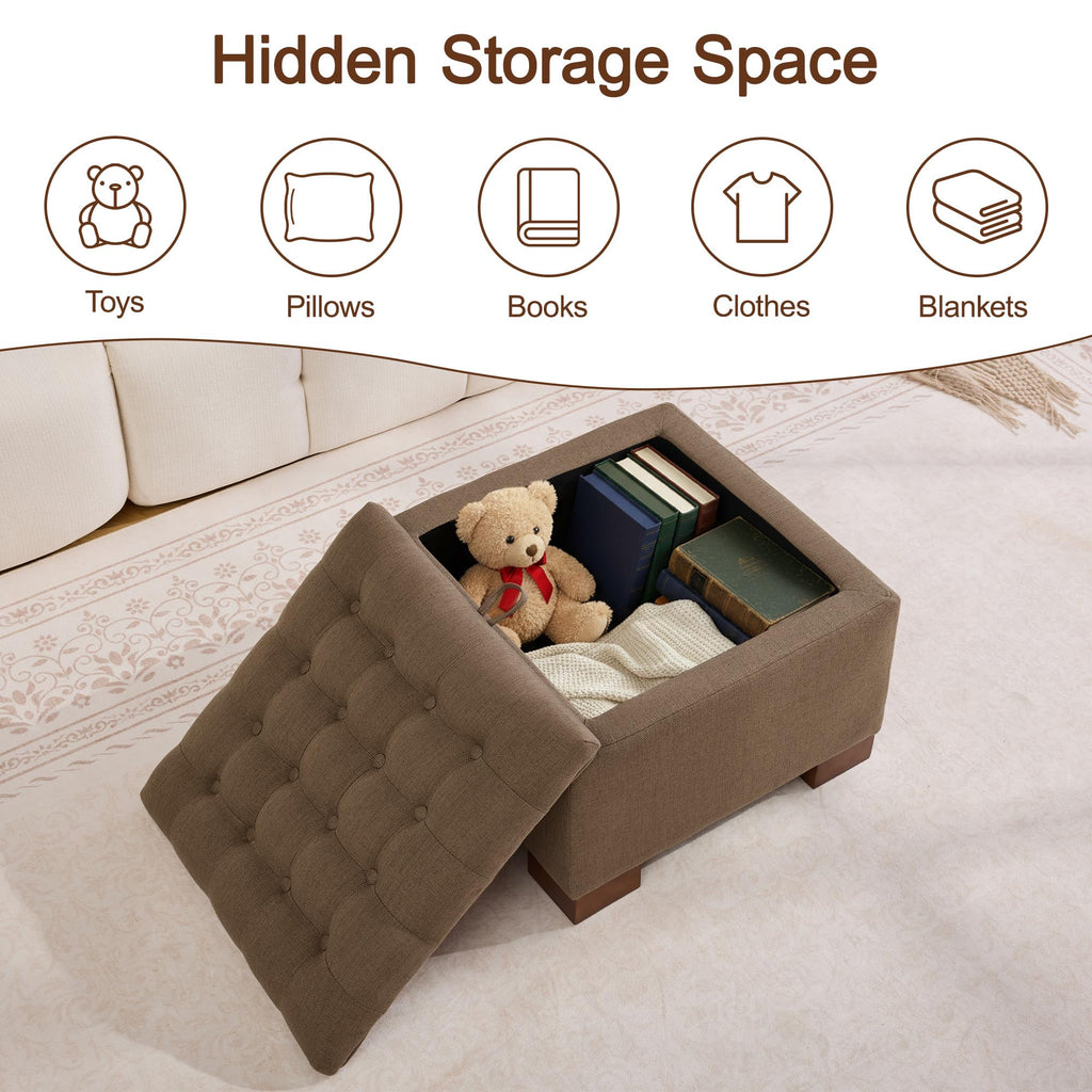 24" Fabric Square Storage Ottoman with Wooden Tray, Modern Tufted Button Footstool Coffee Table, Upholstered Small